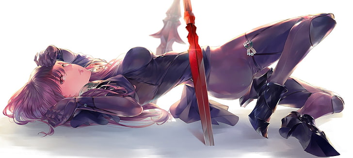 анимированный женский персонаж, задница, боди, Fate / Grand Order, Fate Series, длинные волосы, лиловые волосы, Sawasawa, Scathach (Fate / Grand Order), обтягивающая одежда, копье, меч, оружие, белый фон, HD обои