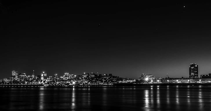 architecture, black and white, buildings, calm waters, city, city lights, cityscape, dark, downtown, dusk, evening, harbor, illuminated, landmark, night, ocean, panoramic, pier, placid, reflection, reflections, river, HD wallpaper