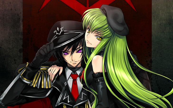 man with peaked hat beside woman with green hair graphic wallpaper, Code Geass, C.C., Lamperouge Lelouch, HD wallpaper