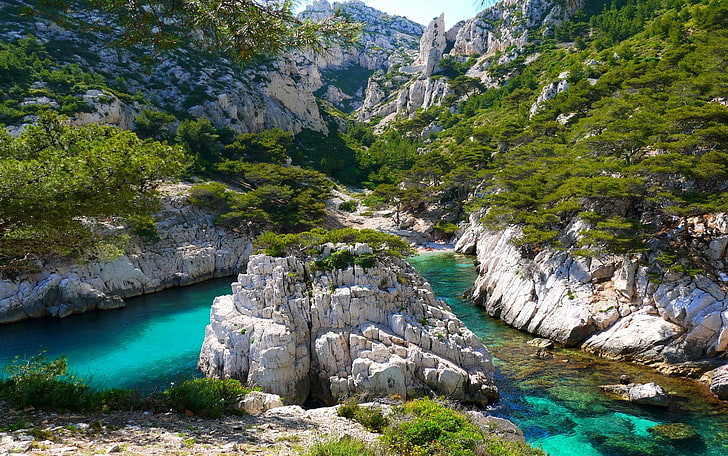 landscape, nature, coves, beach, trees, mountains, turquoise, water, France, limestone, rock, summer, HD wallpaper