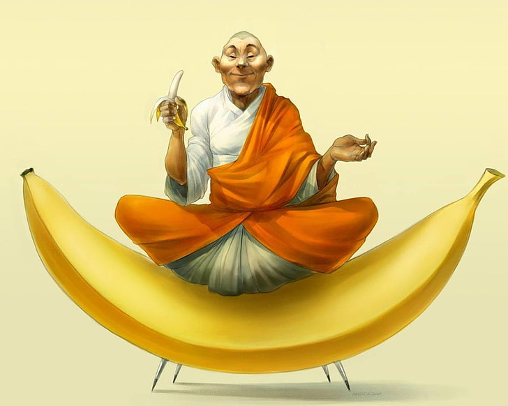 Человек, сидящий на банановом фрукте, иллюстрация, настроение, фигура, бананы, йогин, асана, HD обои