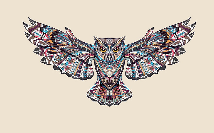 gray and multicolored owl painting, owl, bird, paint, wings, light background, HD wallpaper