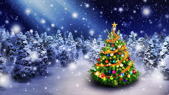 christmas tree, xmas, christmas, winter, pine, spruce, snowfall, snowy, snow, snowing, christmas night, night, HD wallpaper HD wallpaper
