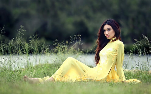 women outdoors, women, model, vietnamese, áo dài, Asian, HD wallpaper HD wallpaper