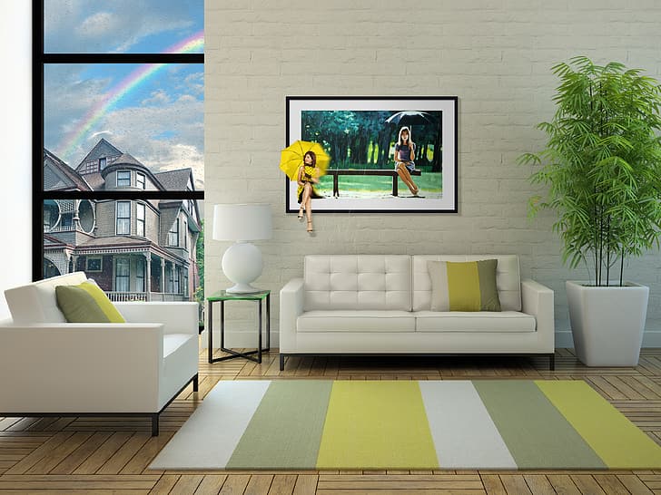 salas de estar, chuva, arco-íris, guarda-chuva, HD papel de parede