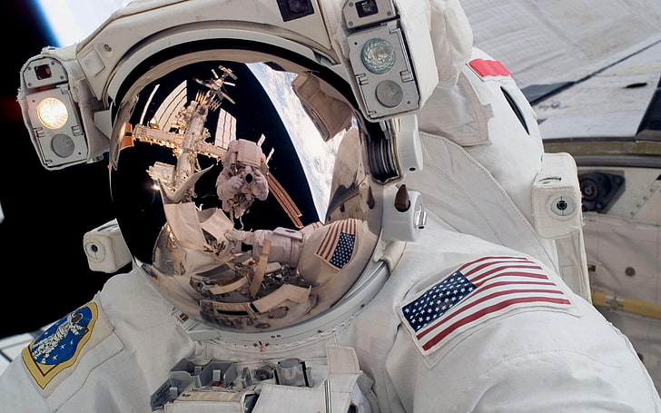 beyaz astronot takımı, yansıma, istasyon, takım elbise, astronaft, HD masaüstü duvar kağıdı