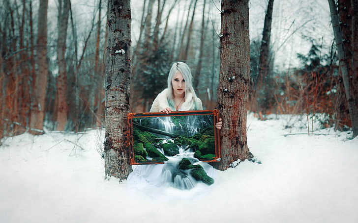 winter, snow, women, digital art, HD wallpaper