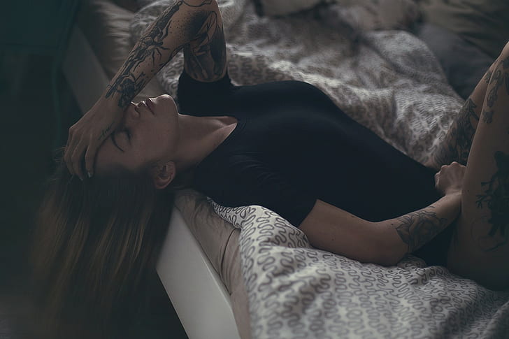 in bed, Matthias Binner, black clothing, closed eyes, lying on back, blonde, women, tattoo, legs up, HD wallpaper