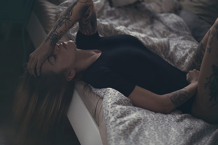 women, blonde, tattoo, black clothing, closed eyes, lying on back, in bed, legs up, Matthias Binner, HD wallpaper