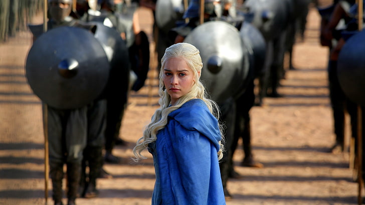 Emilia Clarke, Daenerys Targaryen, Game of Thrones, niebieskie ubrania, niebieskie ubrania, Emilia Clarke, niebieski płaszcz, Tapety HD