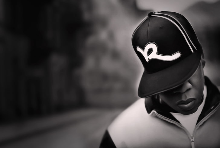 grayscale photo of man wearing black cap, hip-hop, street, new-york, rapper, brooklyn, ghetto, hov, snapback, hop, Jay, Jay-z, hip, rocawear, the rapper, HD wallpaper