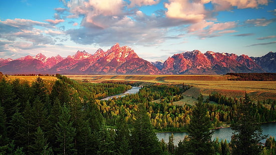 Teton range, ความเป็นป่า, ท้องฟ้า, อุทยานแห่งชาติแกรนด์เตตัน, ติดตั้งทิวทัศน์, ภูเขา, แม่น้ำงู, สหรัฐ, ไวโอมิง, อุทยานแห่งชาติ, สหรัฐอเมริกา, เมฆ, แม่น้ำ, วอลล์เปเปอร์ HD HD wallpaper