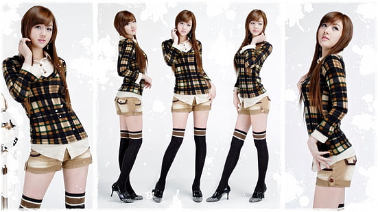 collage de shorts bruns pour femmes, Hwang Mi Hee, asiatique, femmes, plaid, coréen, collage, modèle, shorts, mi-bas, talons hauts, rousse, cheveux auburn, cheveux longs, Fond d'écran HD HD wallpaper
