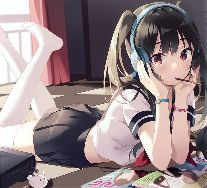 anime, gadis anime, rambut panjang, headphone, karakter asli, seragam sekolah, Wallpaper HD