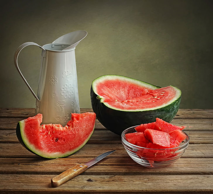white pitcher and watermelon, food, melons, watermelons, HD wallpaper