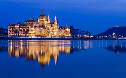 water, Hungarian Parliament Building, river, lights, Hungary, hills, city, capital, Budapest, bridge, cityscape, evening, architecture, reflection, Chain Bridge, Gothic architecture, old bridge, old building, HD wallpaper HD wallpaper
