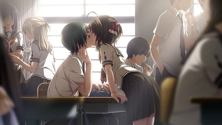 amatsutsumi, minazuki hotaru, oribe makoto, ciuman, romansa, ruang kelas, Anime, Wallpaper HD
