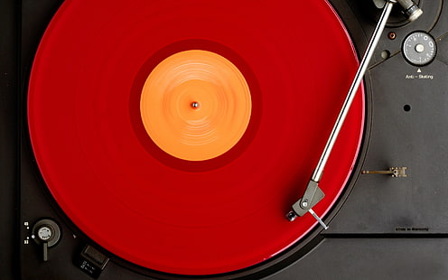 röd vinyl skivspelare, makro, musik, bakgrund, DJ, skivspelare, vinyl, skiva, HD tapet HD wallpaper