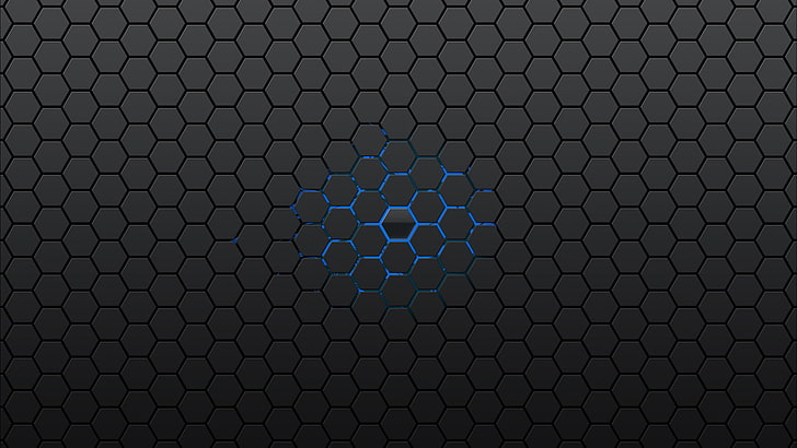 black and blue abstract wallpaper, gray and blue honeycomb graphic, honeycombs, abstract, minimalism, simple background, hexagon, digital art, artwork, blue, texture, textured, HD wallpaper
