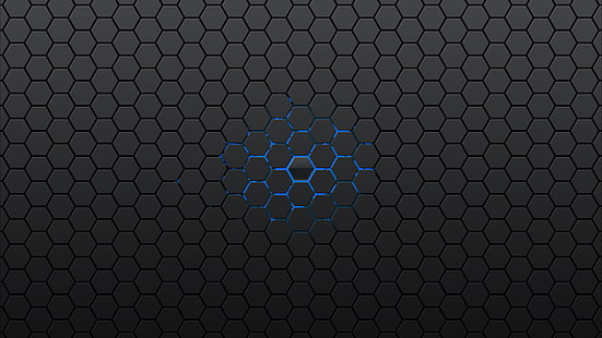 wallpaper abstrak hitam dan biru, grafik honeycomb abu-abu dan biru, honeycomb, abstrak, minimalis, latar belakang sederhana, segi enam, seni digital, karya seni, biru, tekstur, bertekstur, Wallpaper HD HD wallpaper