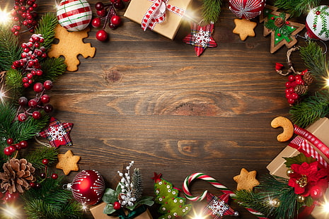 décoration, Nouvel An, Noël, cadeaux, bois, Noël, coffret cadeau, Joyeux, sapin, branches de sapin, Fond d'écran HD HD wallpaper