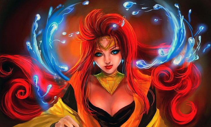 woman fire and water themed wallpaper, girl, hair, redheads, arrow, HD wallpaper