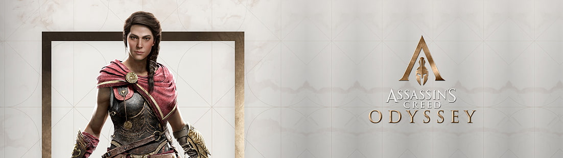 Assassins Creed: Odyssey ، الشاشات المزدوجة ، Kassandra ، الشعار ، Assassin's Creed ، العرض المتعدد، خلفية HD HD wallpaper