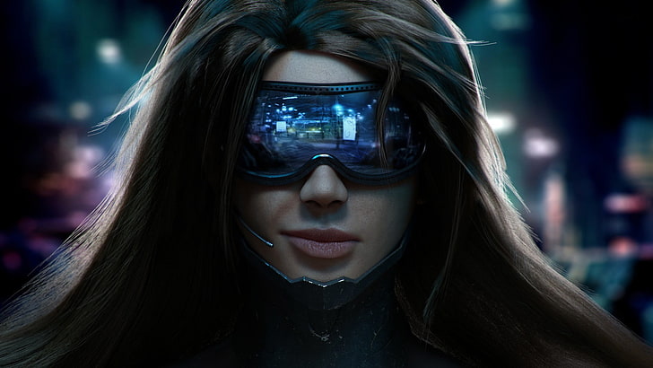 women's blue sunglasses with black frames, untitled, artwork, fantasy art, women, pilot, cyberpunk, futuristic, digital art, brunette, Cyberpunk 2077, sunglasses, headsets, HD wallpaper