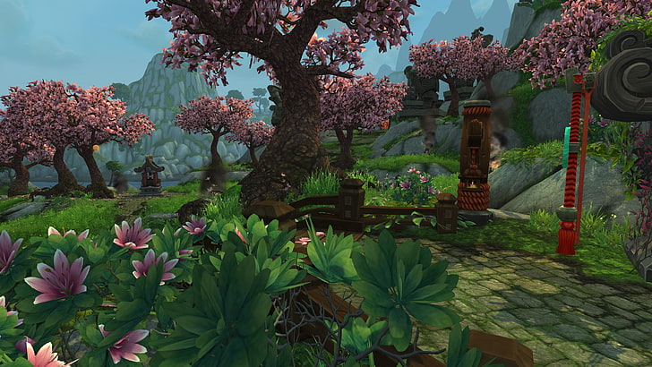 papel tapiz de fantasía de árboles y flores de color rosa, World of Warcraft, World of Warcraft: Mists of Pandaria, videojuegos, Fondo de pantalla HD