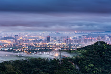 gökyüzü, ağaçlar, bulutlar, şehir, ışıklar, sis, şafak, tepeler, tel, görünüm, yükseklik, sabah, aydınlatma, panorama, Çin, destek, Tayvan, pus, mavi, Taipei, HD masaüstü duvar kağıdı HD wallpaper