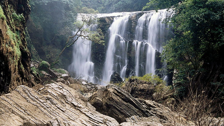 Wonderfall Cascading Falls, trees, cascade, mist, waterfall, rocks, nature and landscapes, HD wallpaper