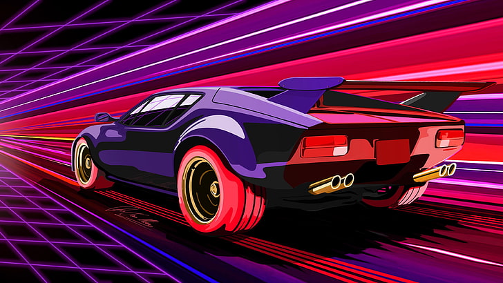 retrowave, samochód, pojazd, samochód sportowy, synthwave, lata 80., lata 80., samochód wyczynowy, samochód wyścigowy, grafika, światło neonowe, samochód koncepcyjny, neon, styl retro, retro, vaporwave, Tapety HD