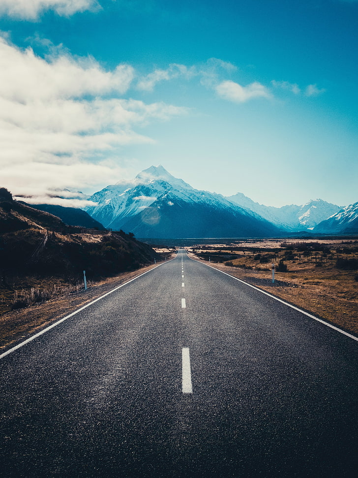 黒いアスファルトの道路、道路、アスファルト、山、マーキング、マウントクック、ニュージーランド、 HDデスクトップの壁紙、 スマホの壁紙