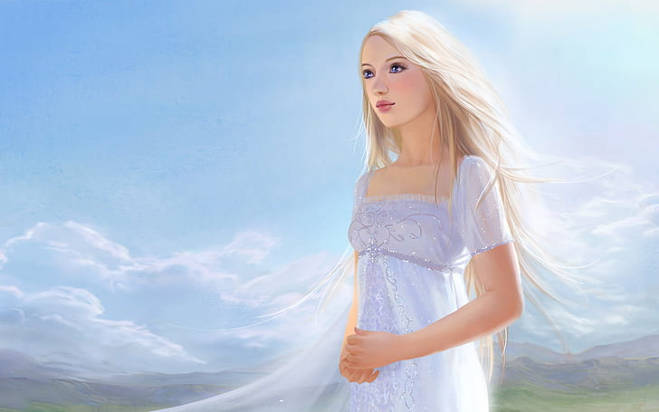 Gadis fantasi gaun putih, rambut putih, Gaun putih, Fantasi, Gadis, Rambut, Wallpaper HD