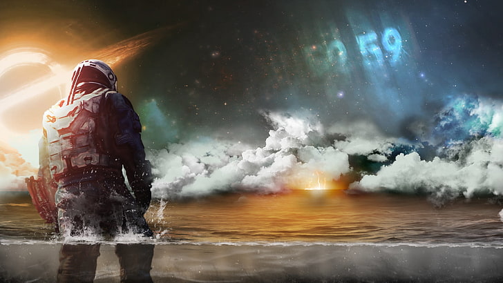 hombre en traje negro fondo de pantalla digital, interestelar (película), Gargantúa, mar, tormenta, nubes, tiempo, Fondo de pantalla HD