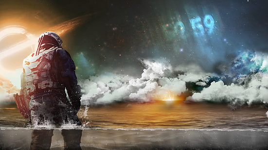 человек в черном костюме цифровые обои, Interstellar (фильм), Гаргантюа, море, шторм, облака, время, HD обои HD wallpaper