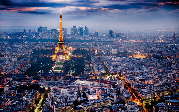 باريس ، المدينة الجميلة ، المشهد الليلي ، برج إيفل ، الصورة الجوية ، باريس ، المدينة ، الليل ، المشهد، خلفية HD