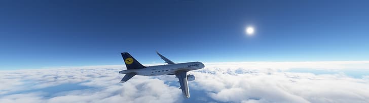 flight simulator, flying, Airbus A320, sky, clouds, HD wallpaper
