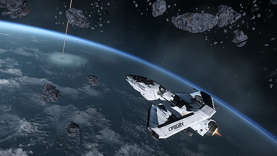 бяло и черно Origin space shuttle, space, Star Citizen, Origin 300i, астероид, видео игри, HD тапет HD wallpaper