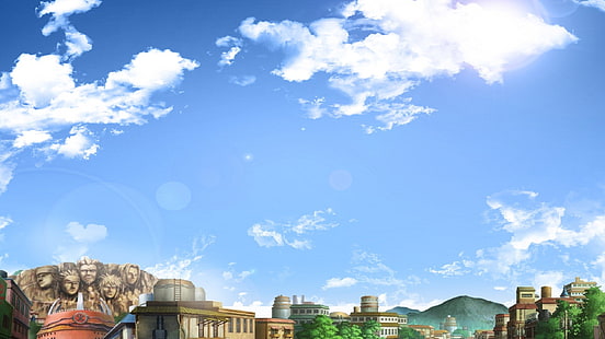 Ilustración de Naruto Konoha, Naruto Shippuuden, Konoha, pueblo, tejados, nubes, anime, Fondo de pantalla HD HD wallpaper