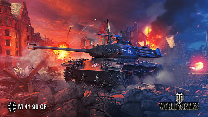 Tapeta World of Tanks, noc, miasto, ogień, dym, ruiny, czołg, niemiecki, World of Tanks, łatwe, M 41 90 GF, buldog niemiecki, Tapety HD