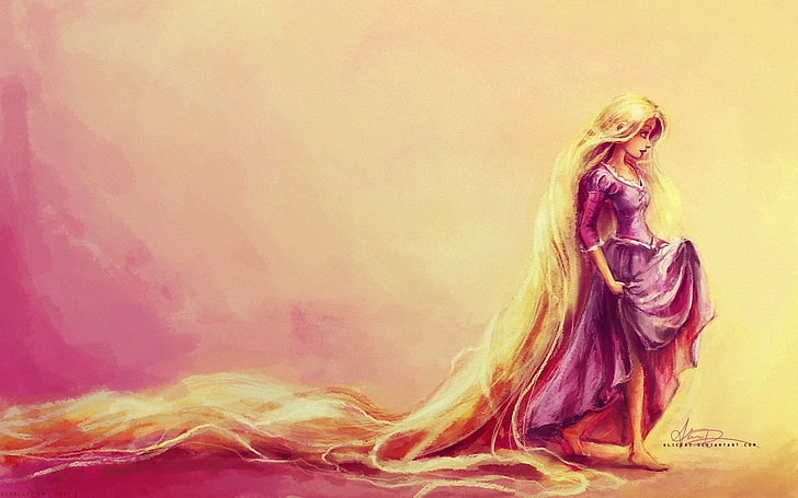 Illustration Disney Princess Rapunzel, cheveux, pieds nus, robe, Raiponce, Fond d'écran HD