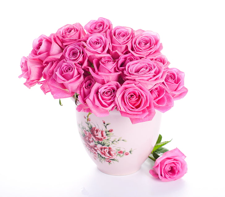 buket mawar merah muda, mawar, merah muda, bunga, indah, vas, buket, Wallpaper HD