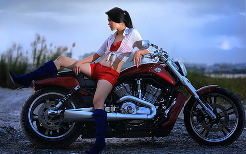красный и серый мотоцикл, девушка, мотоцикл, байк, азиатка, харли дэвидсон, HD обои HD wallpaper