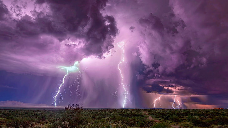 lightning, nature, sky, thunder, lightning strikes, field, storm, phenomenon, thunderstorm, purple sky, purple storm, cloud, stormy, landscape, bad weather, HD wallpaper