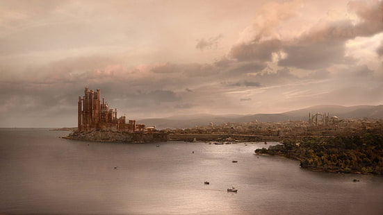 อาคารคอนกรีตสีน้ำตาล, อาคารใกล้แหล่งน้ำภาพยนตร์, Westeros, Game of Thrones, ทิวทัศน์ของเมือง, วอลล์เปเปอร์ HD HD wallpaper