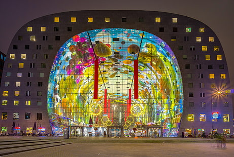 Nacht, Lichter, Niederlande, Rotterdam, Markthal, Markthalle, HD-Hintergrundbild HD wallpaper