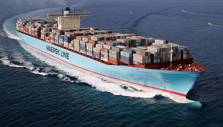 Navire cargo bleu, Mer, Jour, Le navire, Un porte-conteneurs, Réservoir, Chargement, Ligne Maersk, Sur le pouce, Tempête, Estelle, Fond d'écran HD