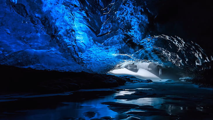 8к, синий, пещера, вода, скалы, HD обои
