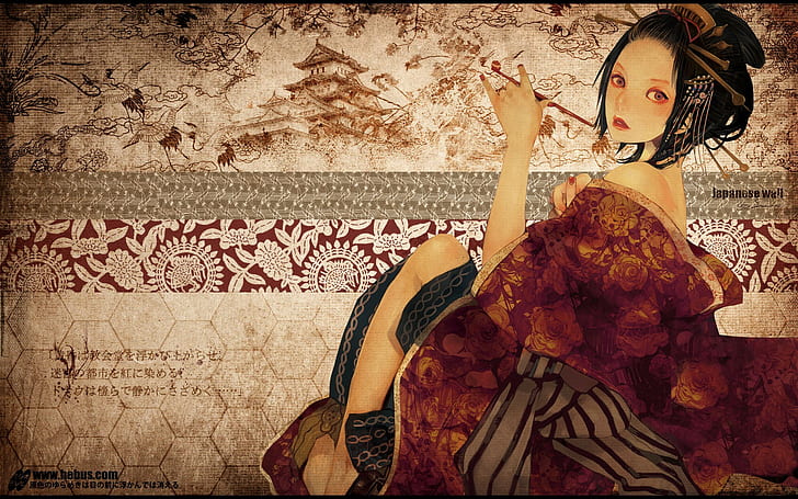 Obra de arte, geisha, Japón, fantasía, mujeres, Fondo de pantalla HD